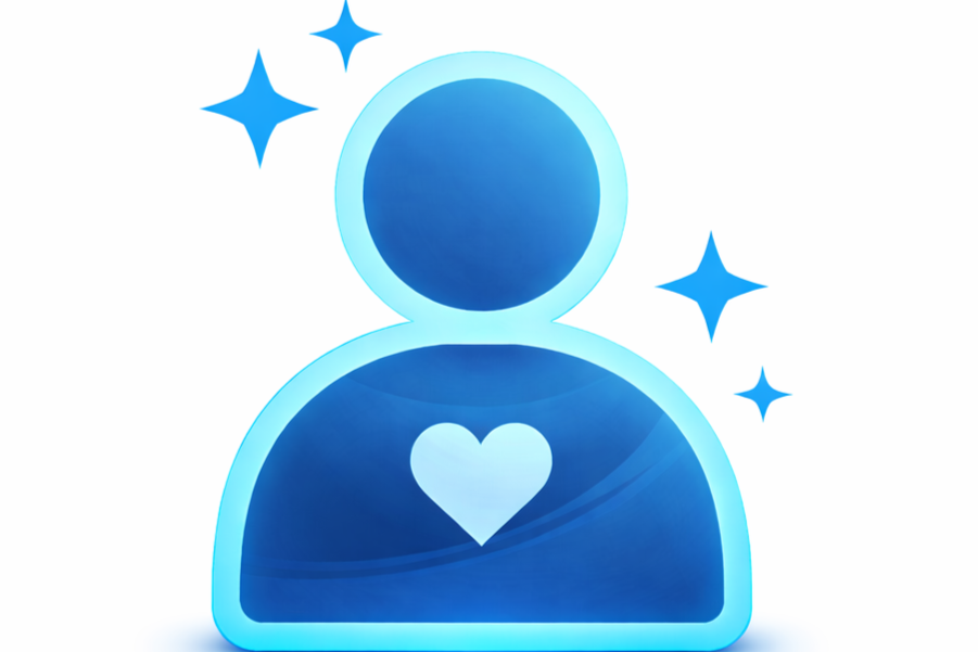 Digital illustration of a person with a heart on their chest, surrounded by sparkles.
