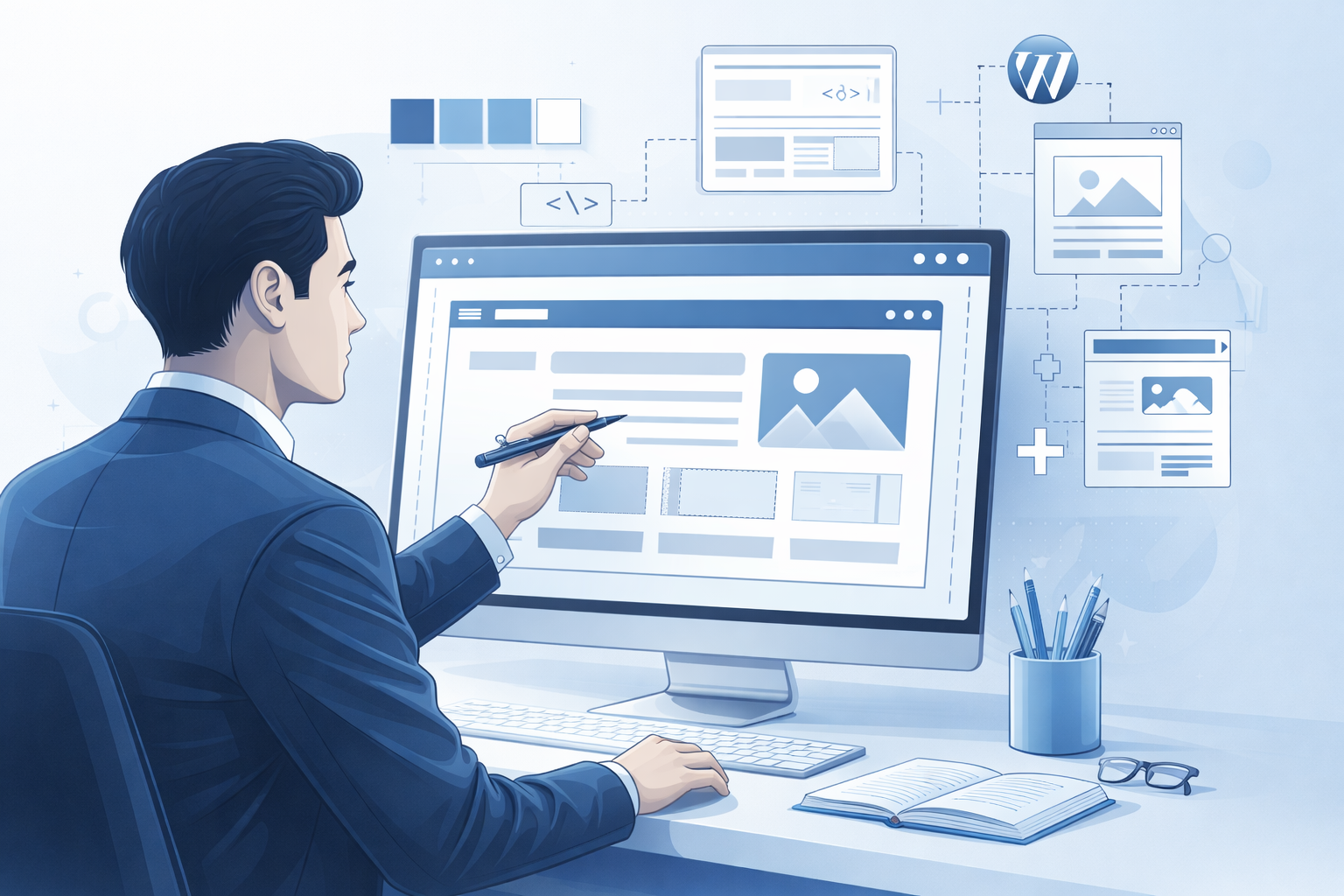 Illustration of a man in a suit designing a webpage on a large computer monitor, with editing tools, coding, and website icons floating around.