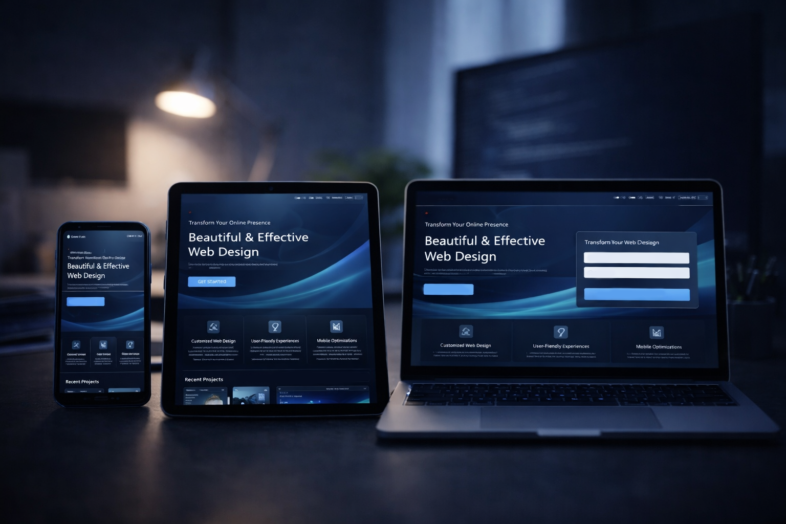 Three devices displaying a website about web design, including a smartphone, tablet, and laptop, all with dark blue-themed screens.