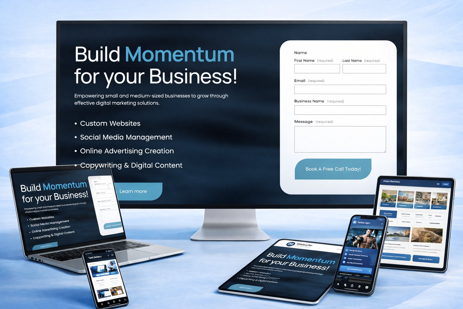 Multiple electronic devices displaying a website, laptop, tablet, and smartphones, promoting digital marketing services for small and medium-sized businesses, with a call-to-action button and a sign-up form.
