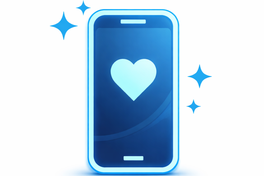 A digital illustration of a smartphone with a glowing blue outline and a white heart symbol on the screen, surrounded by sparkling star icons.