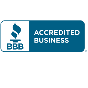 BBB Accredited Business logo with blue torch icon and white text on a blue background.