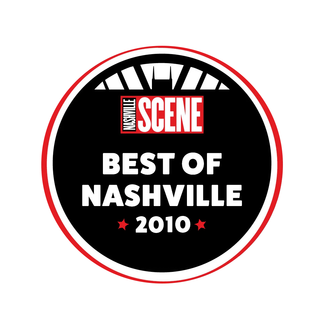Badge for Nashville Scene, titled 'Best of Nashville 2010' with a black background, red and white accents, and a circular design.