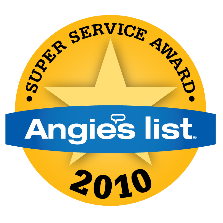 Angie's List Super Service Award badge from 2010 with a gold star and blue banner.