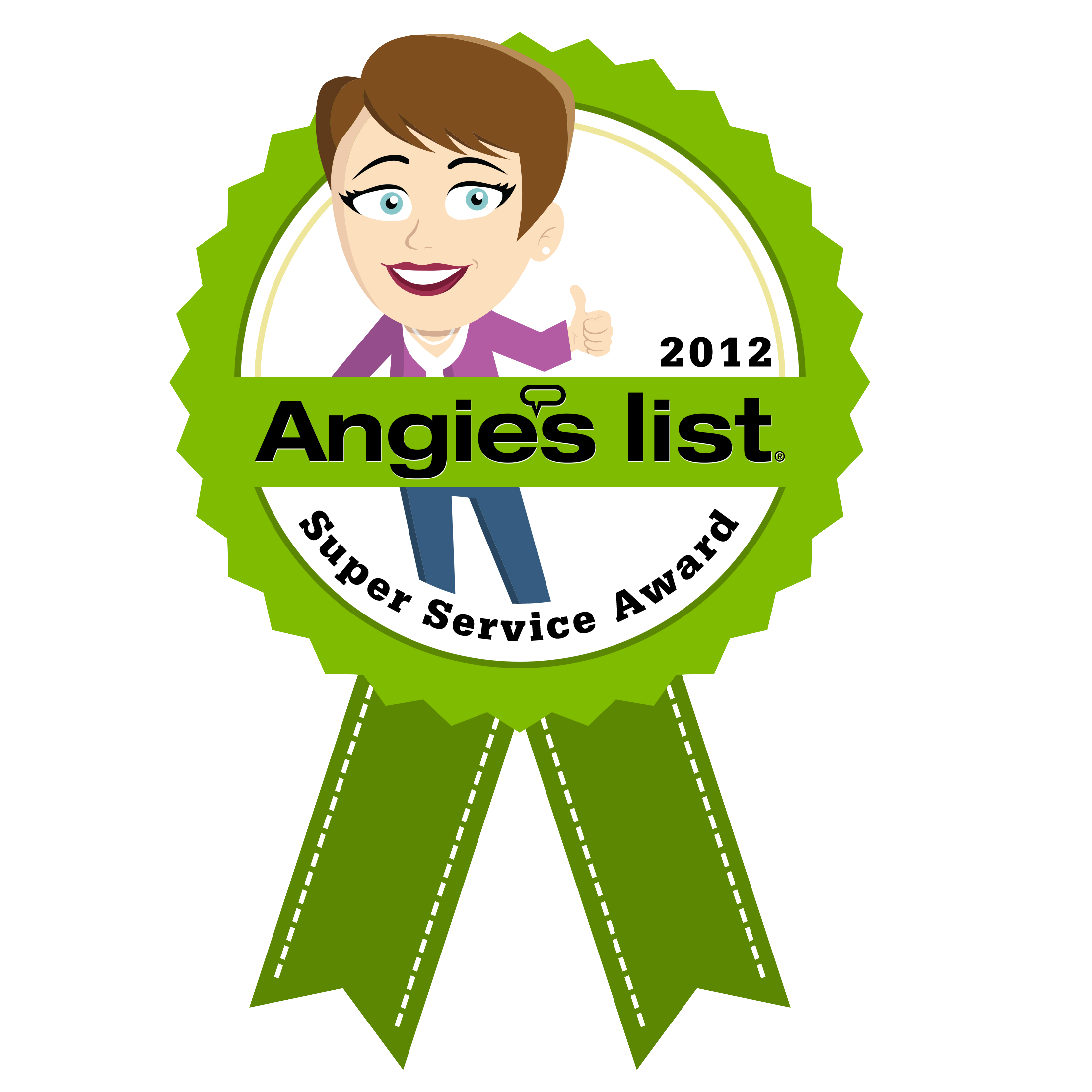 A green badge with a cartoon woman giving a thumbs-up, mentioning '2012 Angie's List Service Award'.