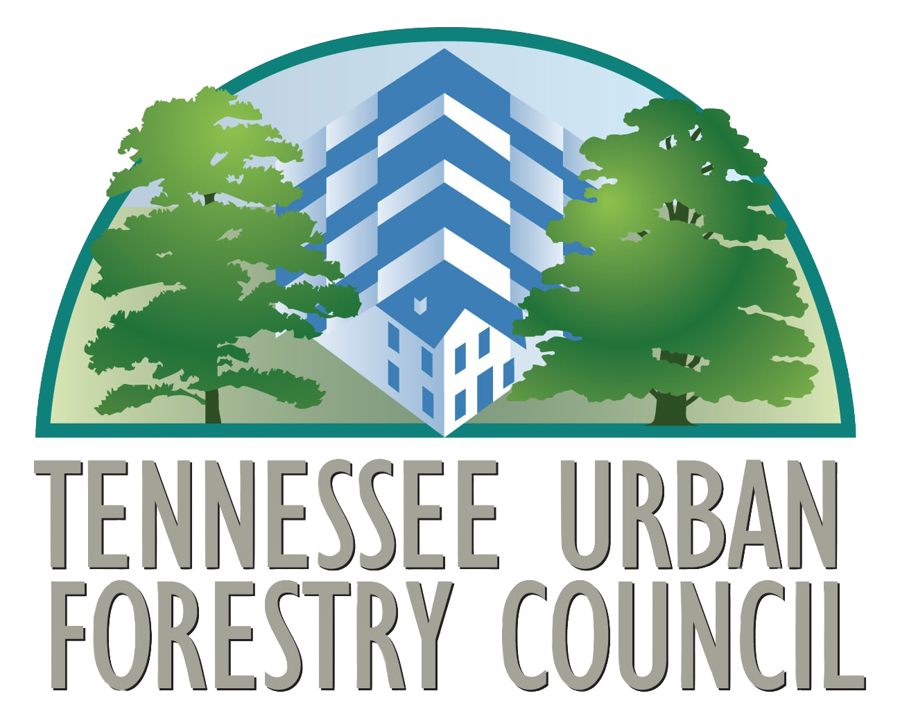 Logo of Tennessee Urban Forestry Council featuring two green trees, a stylized building, and the organization's name.