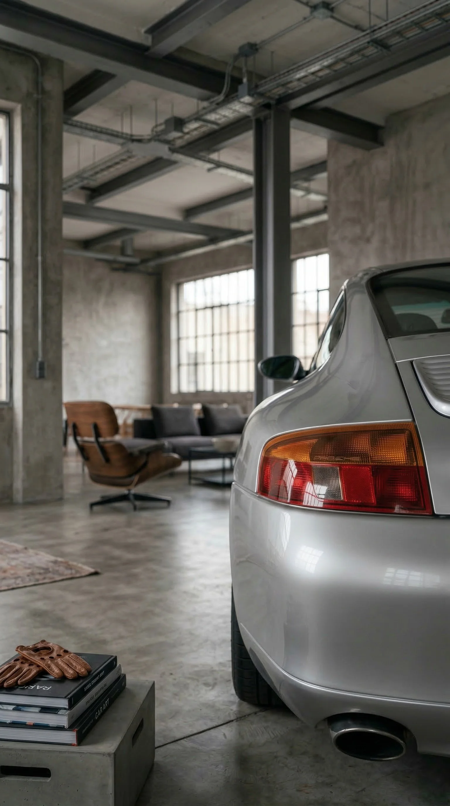 Ein silberner Porsche im Loft-Design mit großen Fenstern, Holz- und Betonwänden, im Vordergrund ein Paar braune Lederhandschuhe auf Büchern, im Hintergrund gemütliche Sitzgruppe.