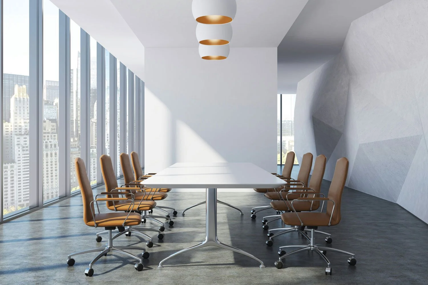 Empty modern conference room with a long white table, brown office chairs, large windows, and city skyline view