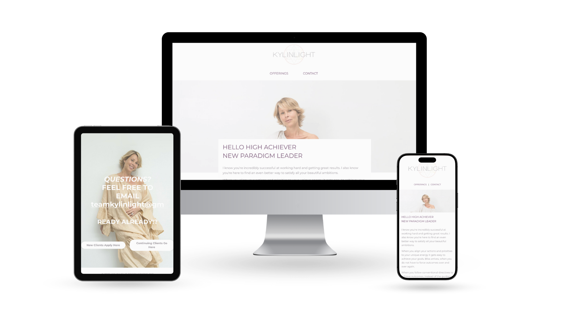 Website design for kylinlight spiritual brand on Kajabi, shown on desktop, tablet, and mobile devices