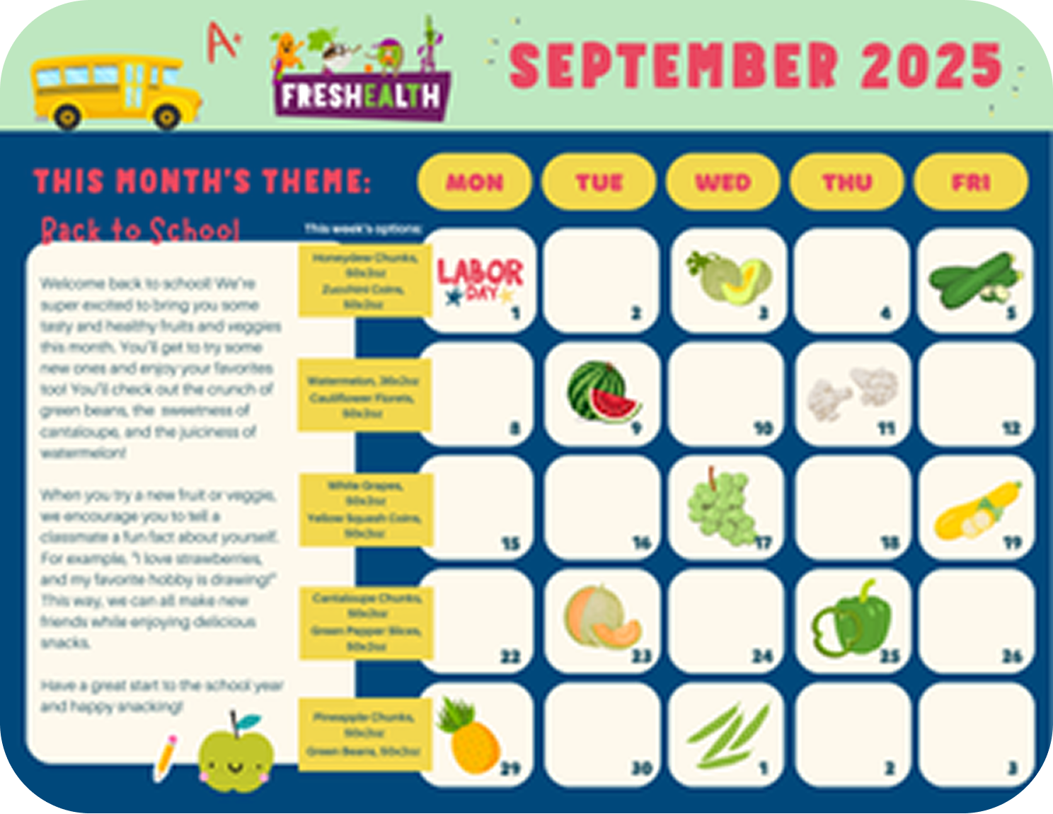 School calendar for September 2025 with weekly themes, including back-to-school events, weekly fruit and vegetable suggestions, and motivational notes.