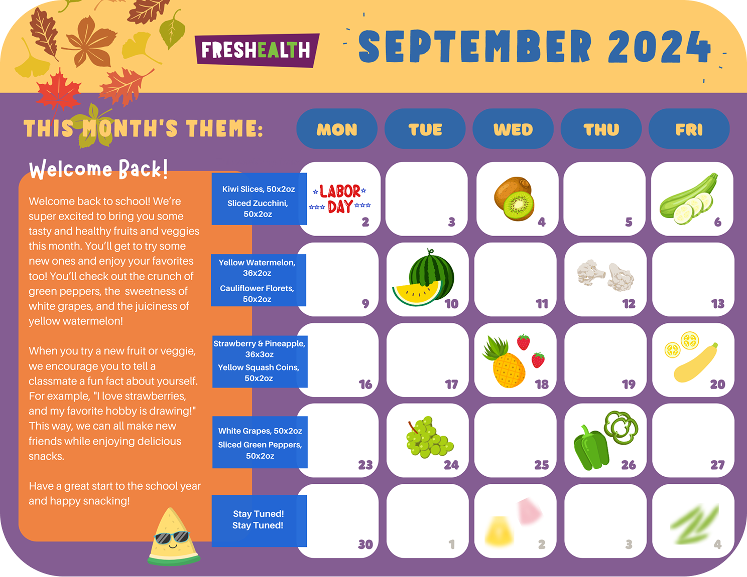 August 2024 school menu calendar with colorful illustrations of fruits and vegetables, including kiwi, watermelon, pineapple, strawberries, grapes, green peppers, and lemon slices. The themed week is 'Welcome Back' with messages about enjoying health