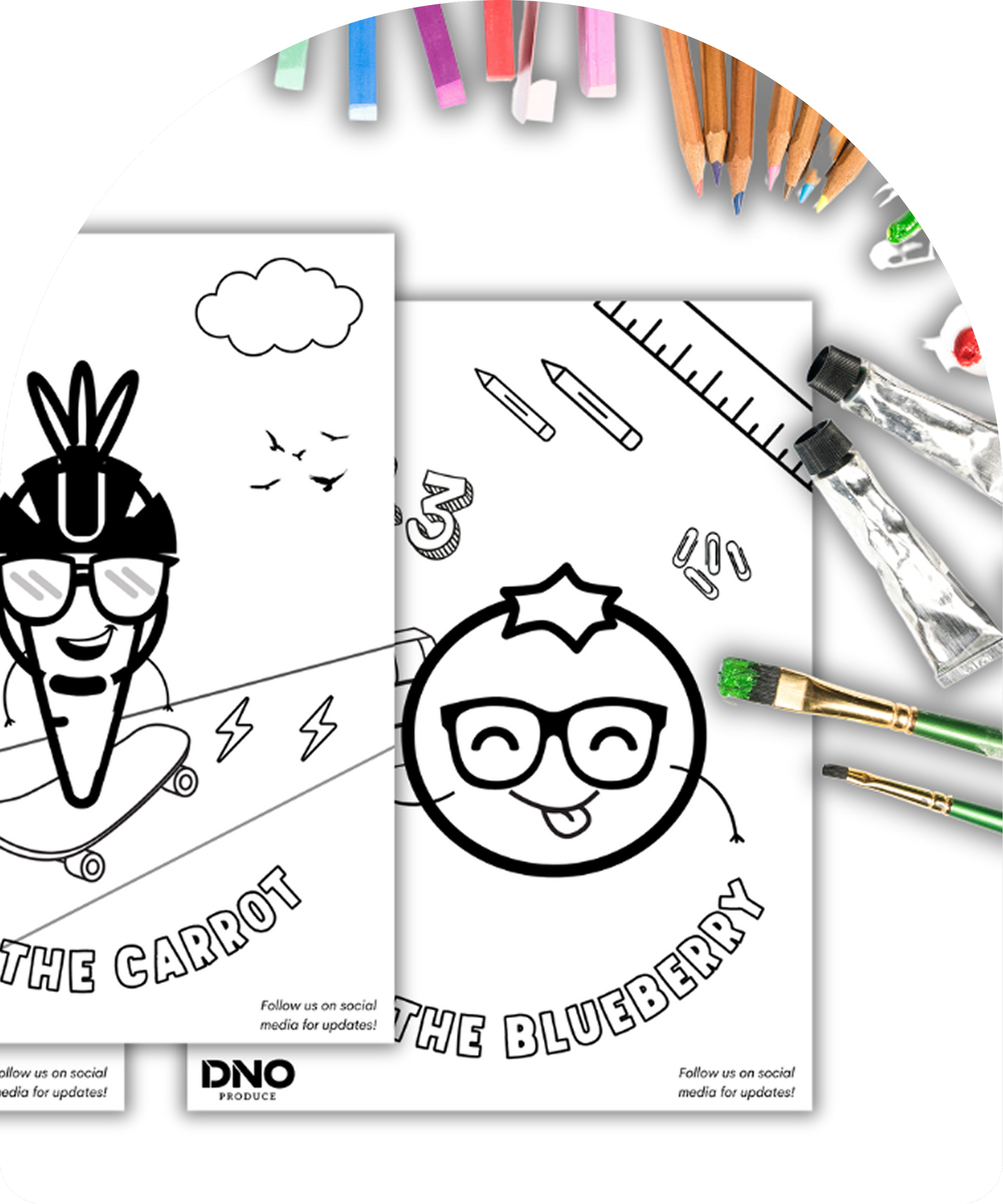 Coloring pages with Halloween and fall themes, such as a pumpkin with sunglasses, an ice cream cone with a face, and a bat, surrounded by art supplies like colored pencils, markers, and paintbrushes.