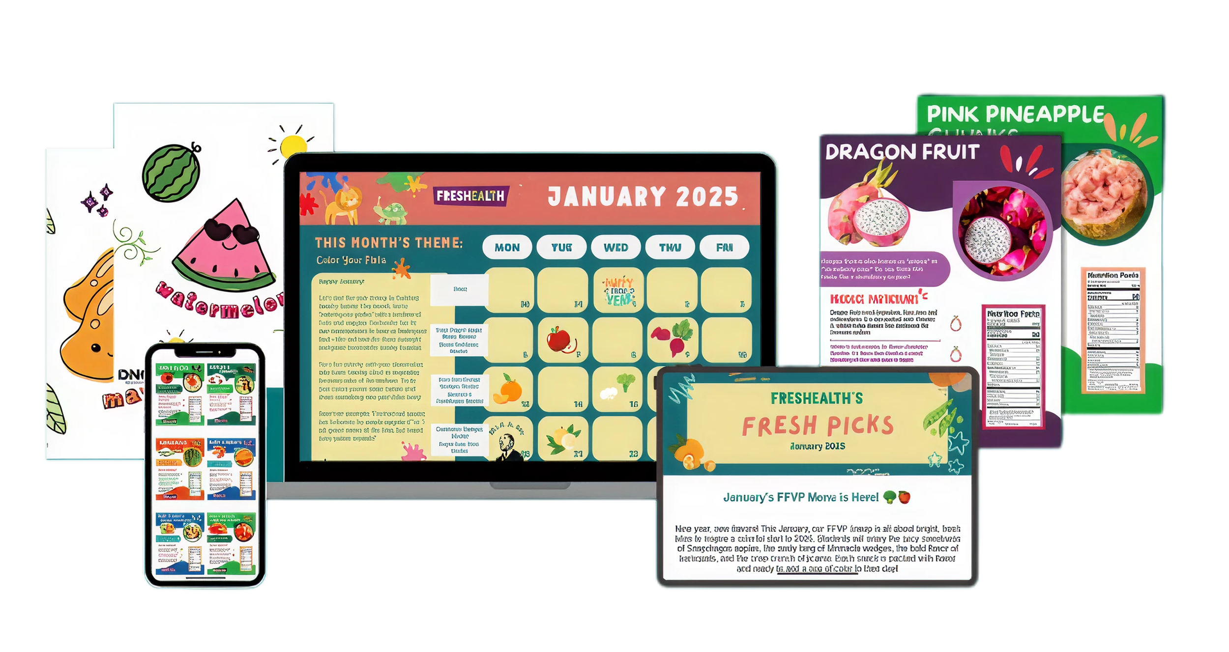 A collection of digital screens and printed materials displaying colorful charts, calendars, and advertisements related to healthy eating, upcoming events, and food products, with a playful watermelon illustration.