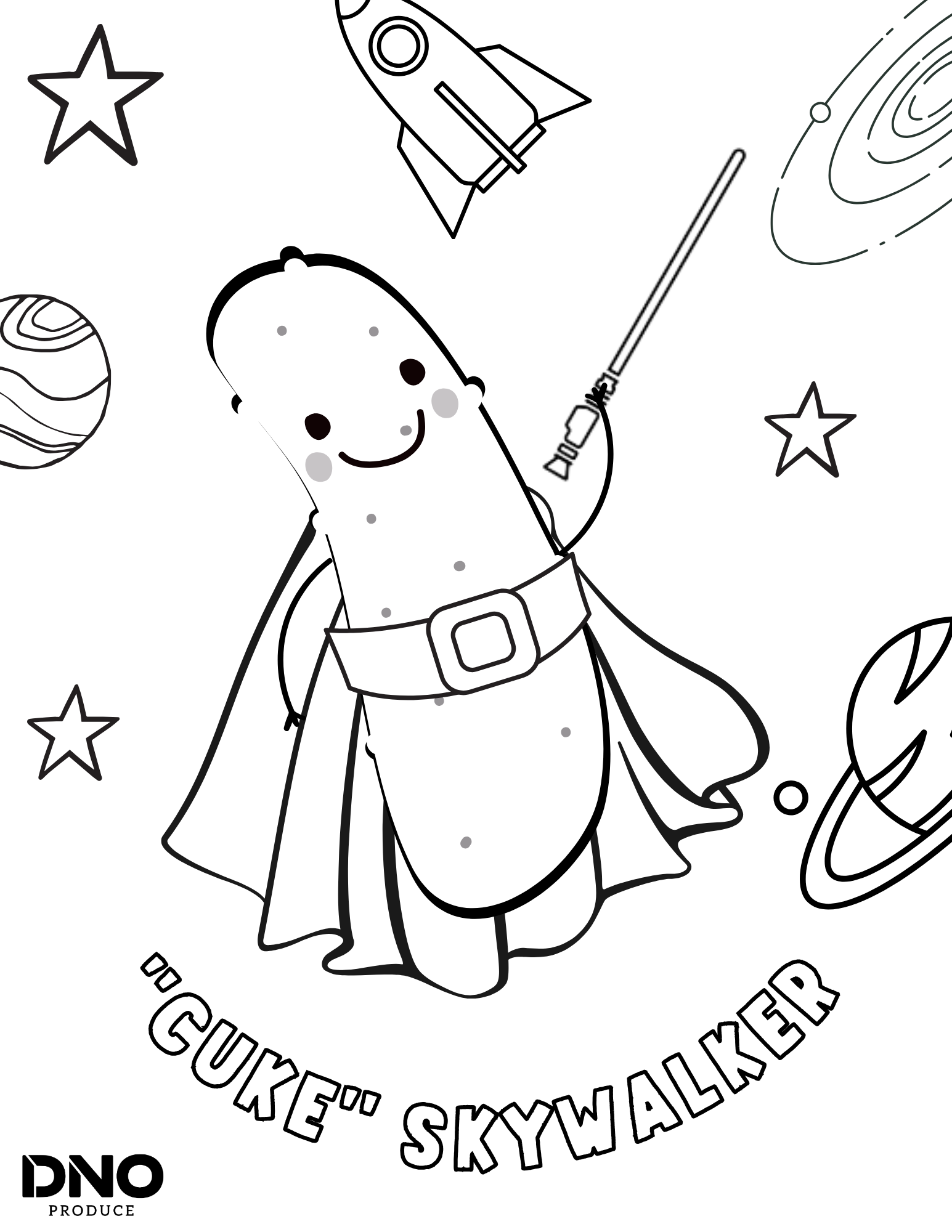 Black and white coloring page featuring a cartoon dinosaur wearing a superhero cape and belt, holding a laser sword, surrounded by stars, planets, and space-themed elements.