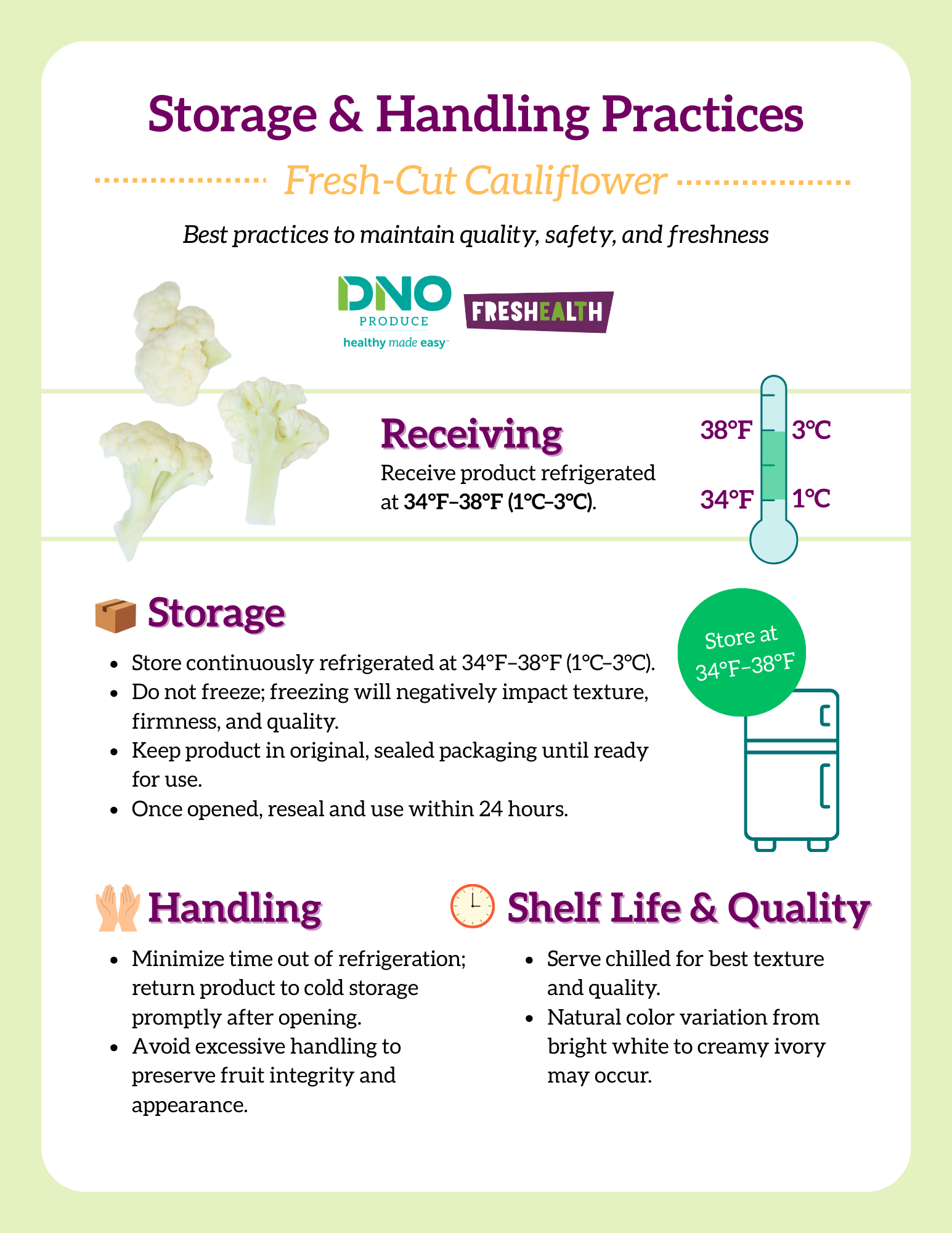 Guide for storage and handling practices of fresh-cut cauliflower, including recommendations for refrigeration, storage temperature, handling to preserve fruit integrity and appearance, and serving tips for optimal texture and color.