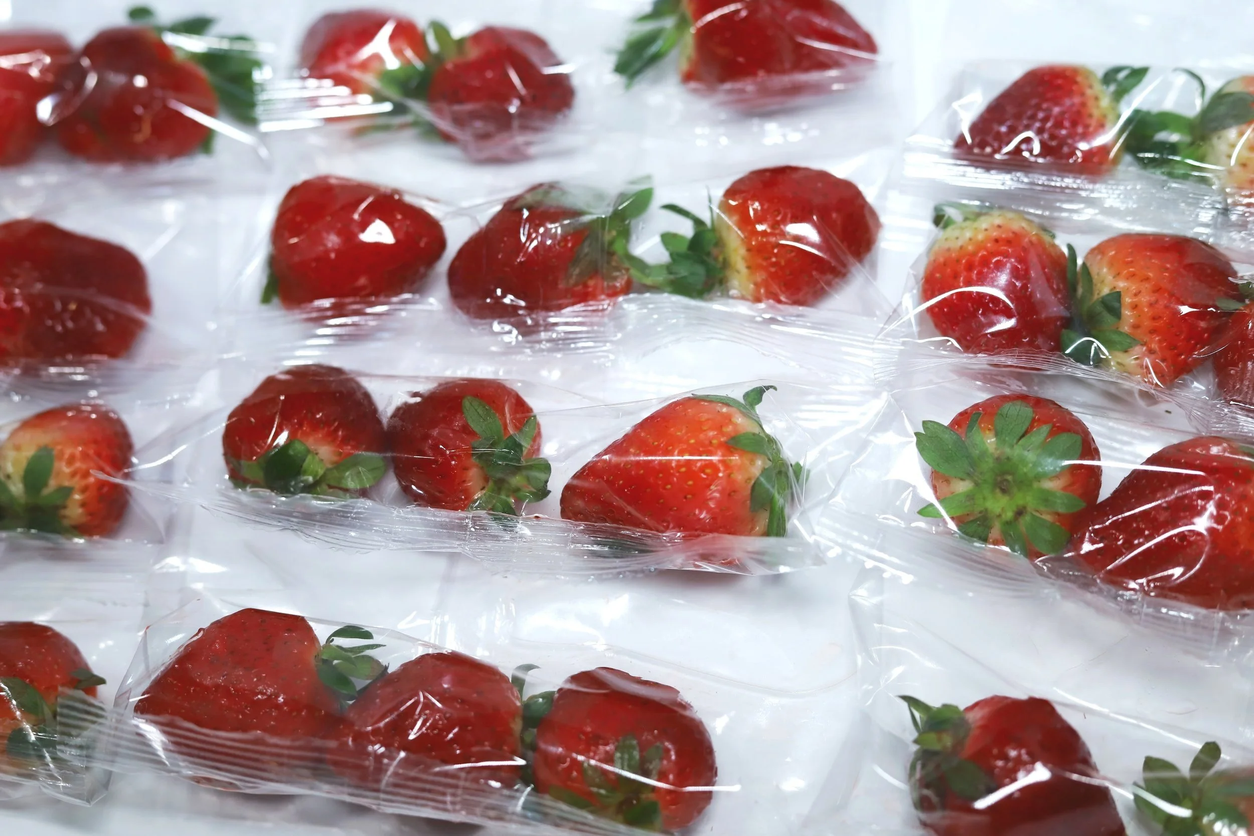 Fresh strawberries packaged in clear plastic trays with some wrapped in plastic film.