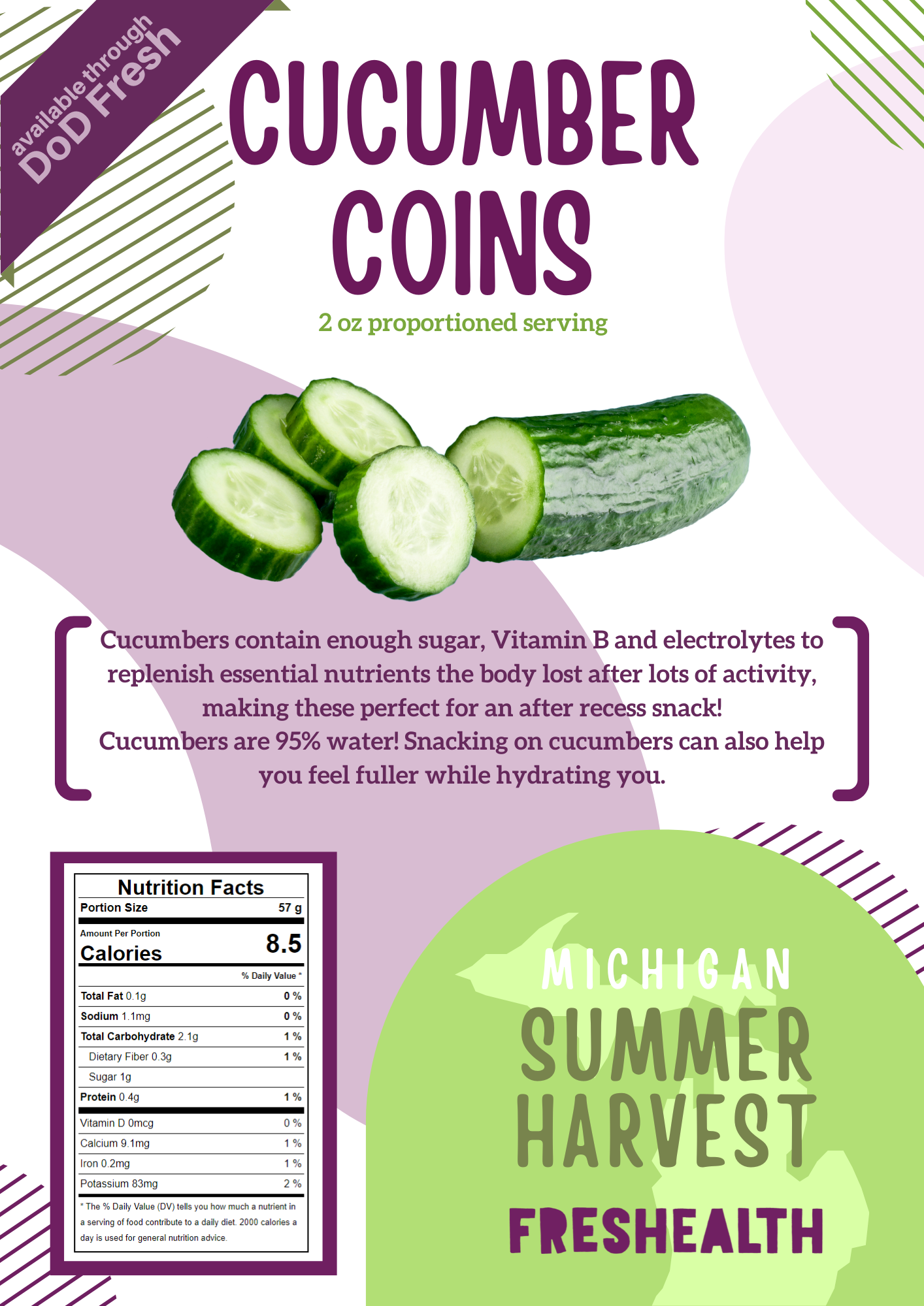 A food packaging label for cucumber coins, showing sliced cucumbers and a whole cucumber. The label mentions they are available through DoorDash, with a serving size of 2 oz. and nutritional facts including calories, fat, sodium, and vitamins.