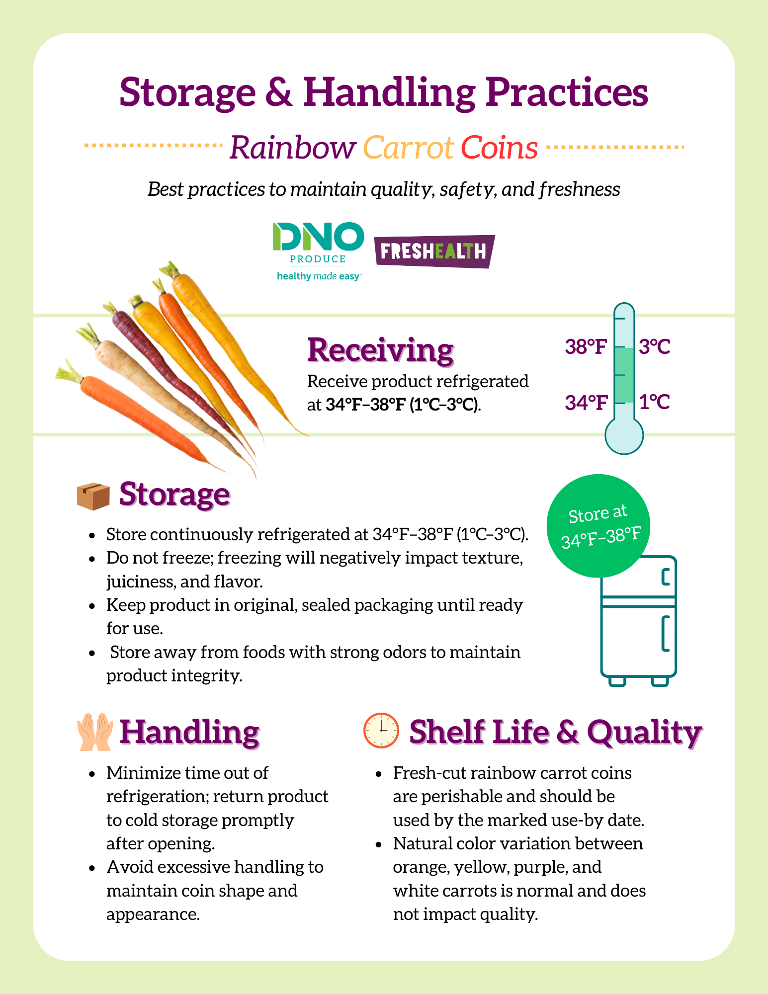 Guide on storage and handling practices for rainbow carrots, including best storage temperature, handling tips, and quality considerations.