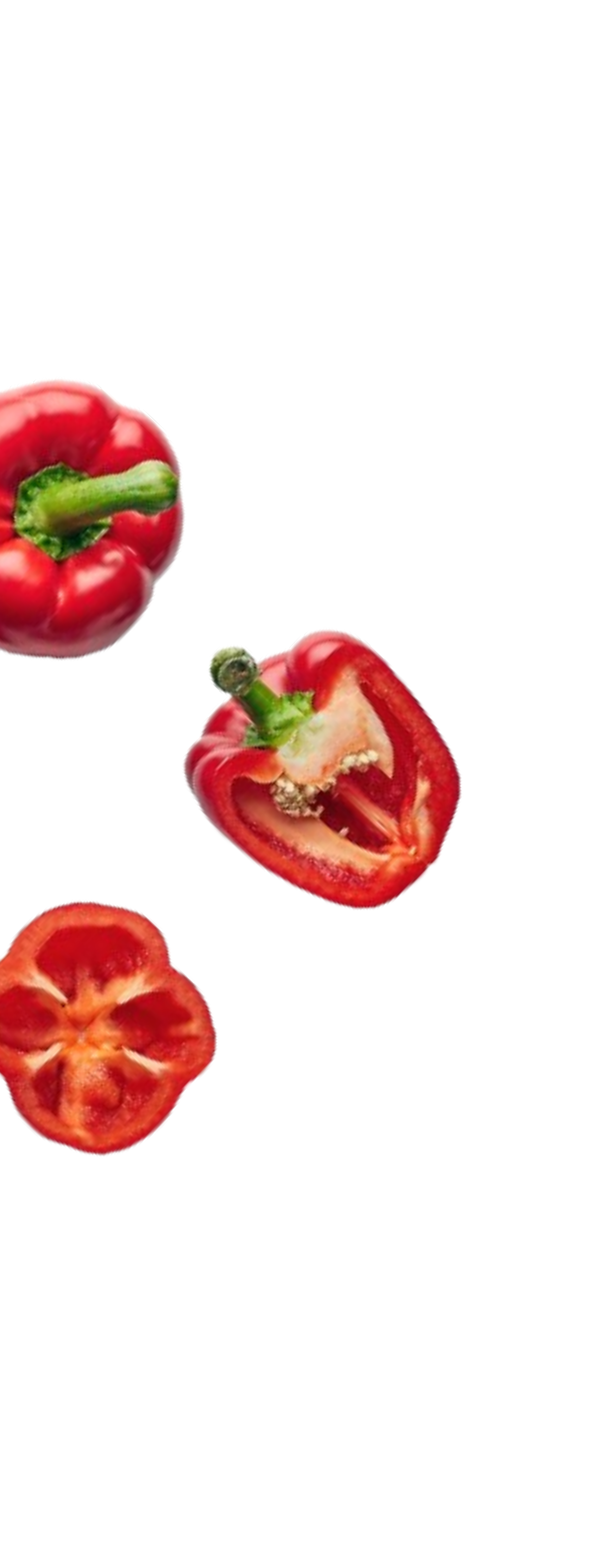 A diagram showing the structure of a red bell pepper, including whole, halved, and sliced views.