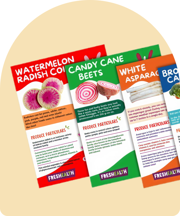 Colorful vegetable seed packets for watermelon radish, candy cane beets, white asparagus, and broccoli, with branding and descriptive text.