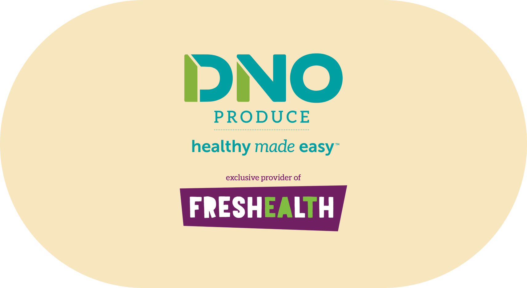 Logo for DNO Produce, a healthy food brand, with the tagline 'healthy made easy,' and an exclusive provider of FRESHEALTH.