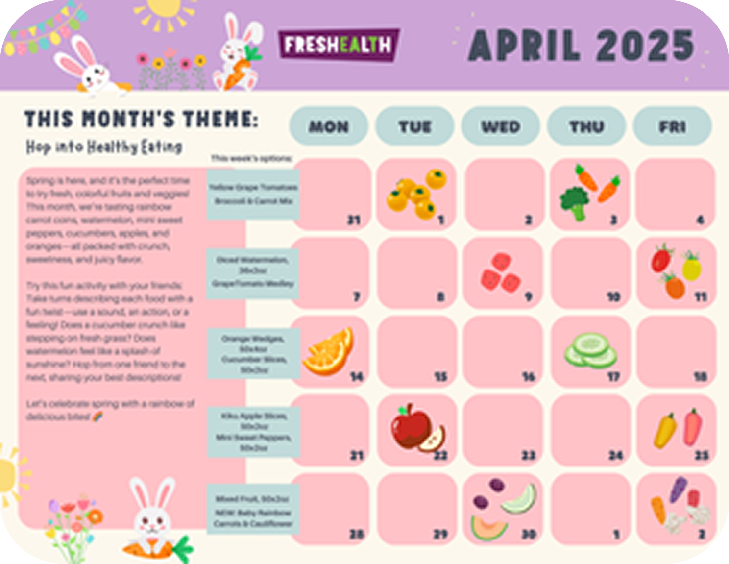 April 2025 calendar with Easter-themed illustrations, featuring a springtime theme of healthy eating, including carrots, broccoli, tomatoes, oranges, apples, cucumbers, berries, and other fruits and vegetables, with decorative bunnies and flowers.