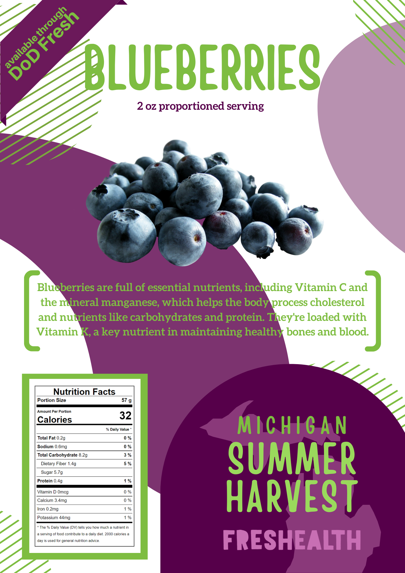 Package of Michigan-grown blueberries with a cluster of fresh blueberries in the foreground. The package highlights that the blueberries are full of essential nutrients and are available through the DOPD Fresh program. Nutrition facts and health bene