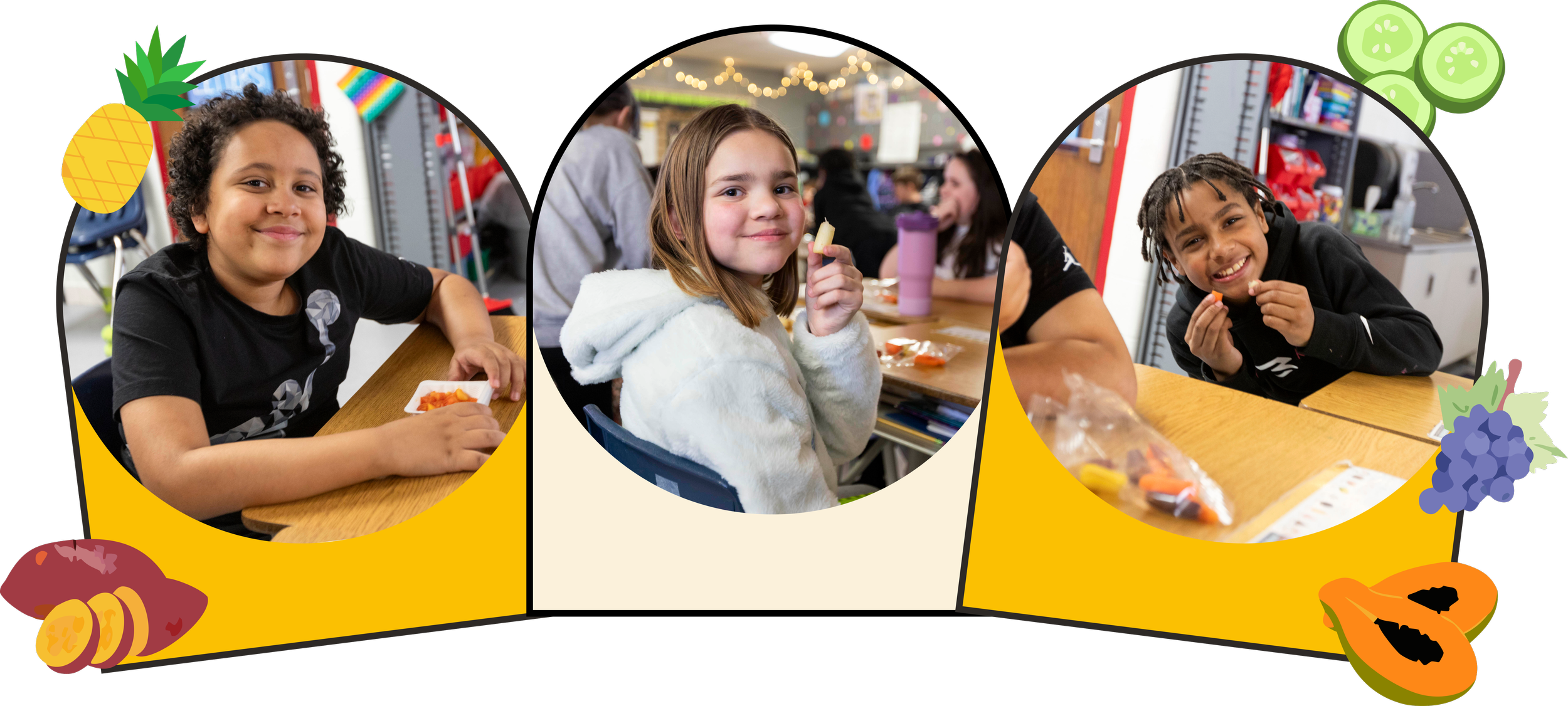Three children sitting at a table eating snacks in a classroom, with colorful decorations around the image.