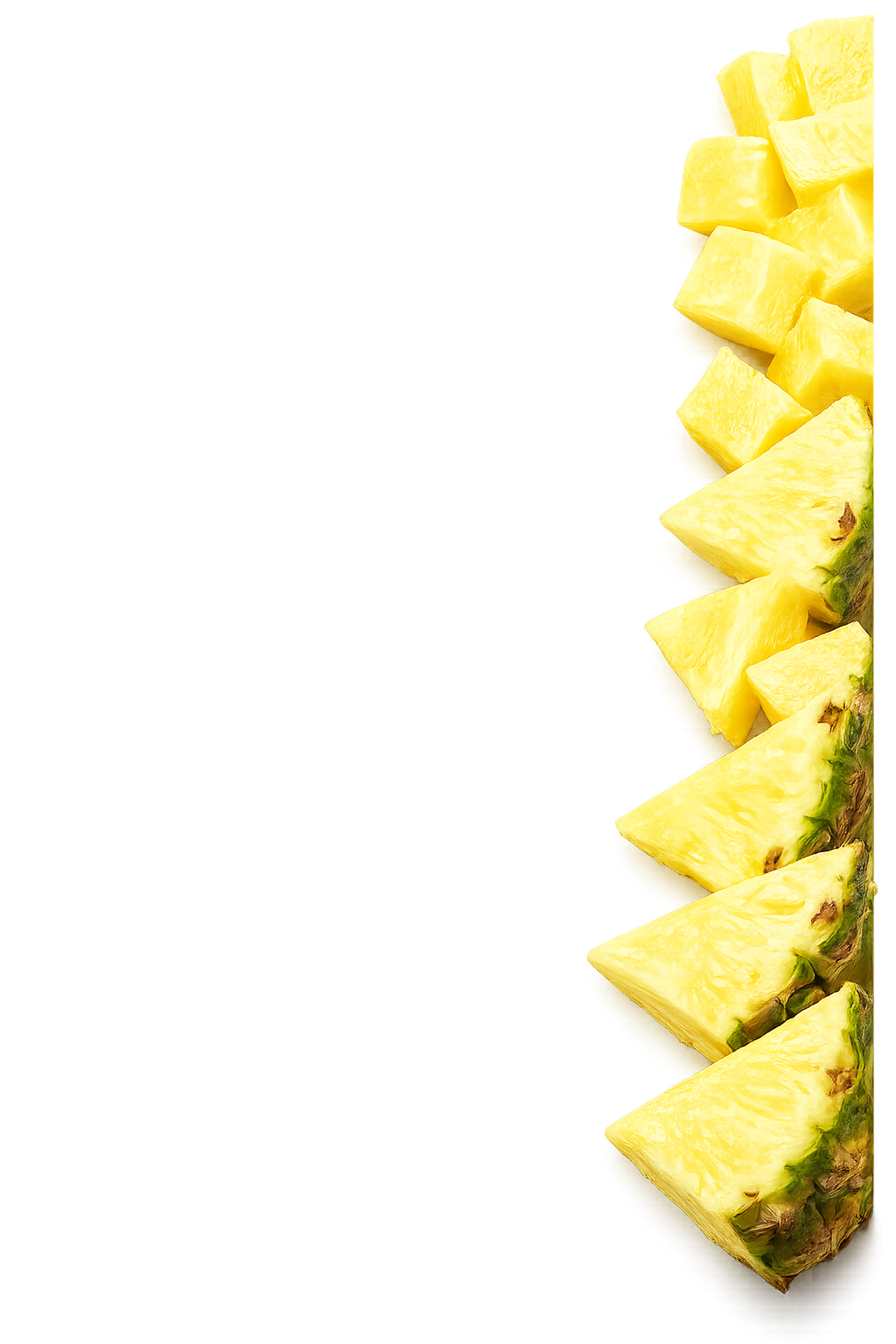 A row of pineapple chunks arranged vertically on the right side of the image.
