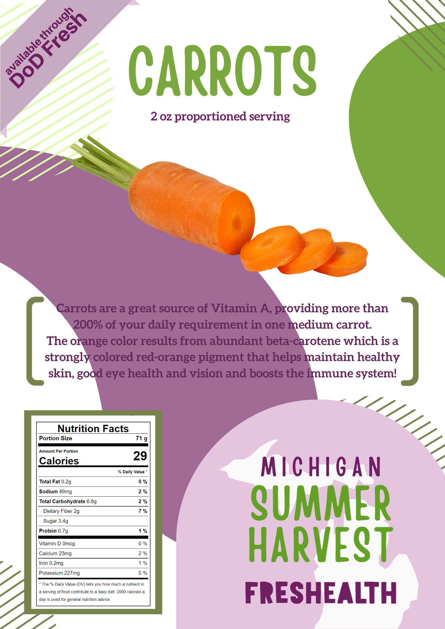 A marketing graphic for carrots, featuring a large whole carrot with slices, colorful geometric shapes, and text highlighting nutritional benefits such as being a good source of vitamin A and containing beta-carotene. It also mentions DOD Fresh avail