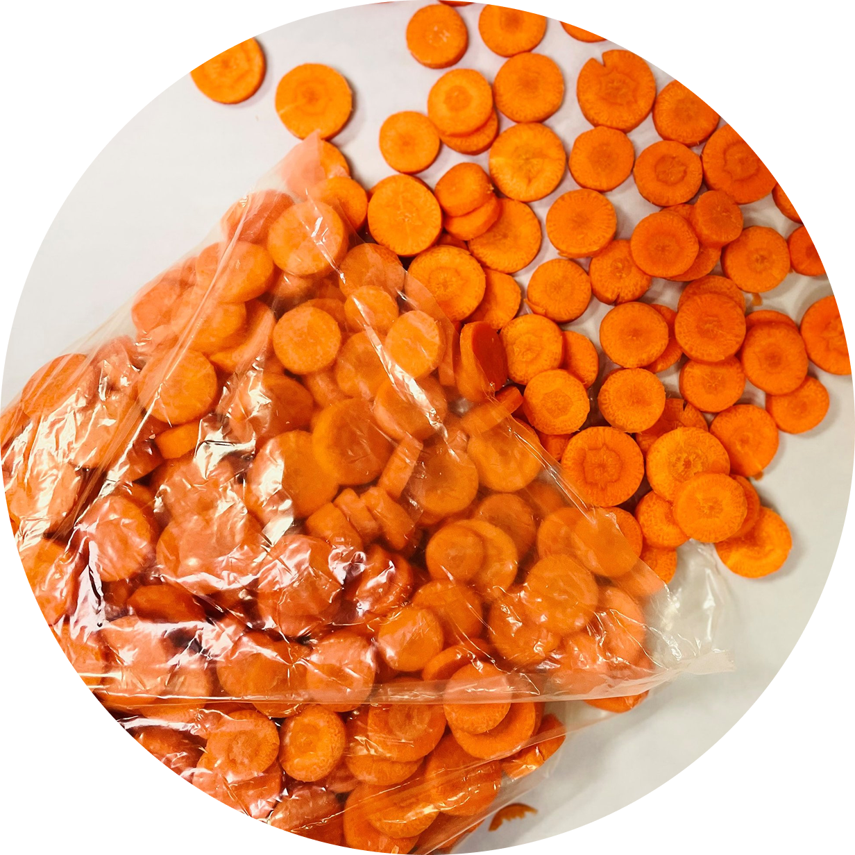 Sliced carrots scattered on a white surface with some in a clear plastic bag.