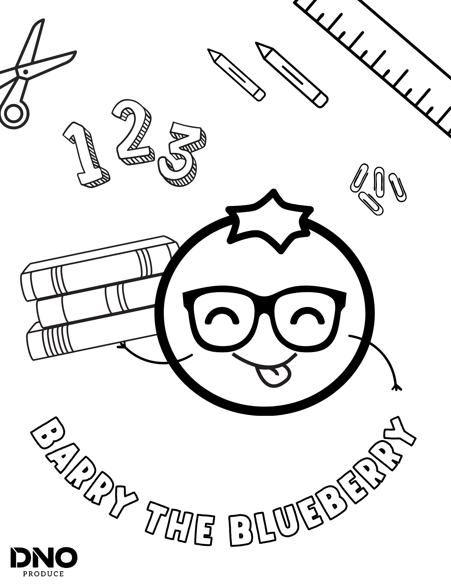 Black and white line drawing of a cartoon character wearing sunglasses, surrounded by various school supplies and books, with the text 'Happy the Blueberry' and 'Barberry the Blueberry' written in a circular formation.