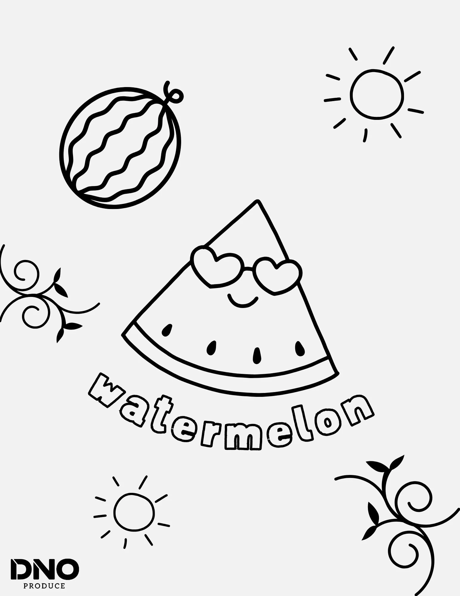 Black and white line drawing of watermelons, a sun, and decorative vines with the words "Watermelon" and "DNO PRODUCE."