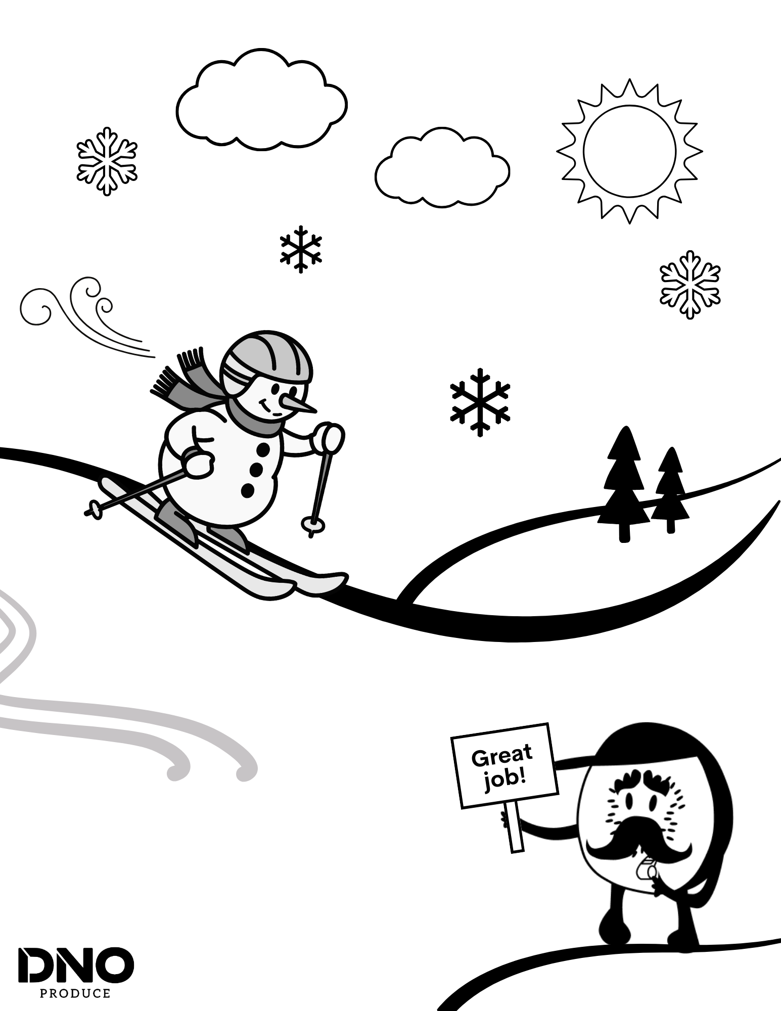 Black and white illustration of a snowman skiing, surrounded by snowflakes, clouds, a sun, and trees, with a partially visible person holding a sign that says "Great job!"