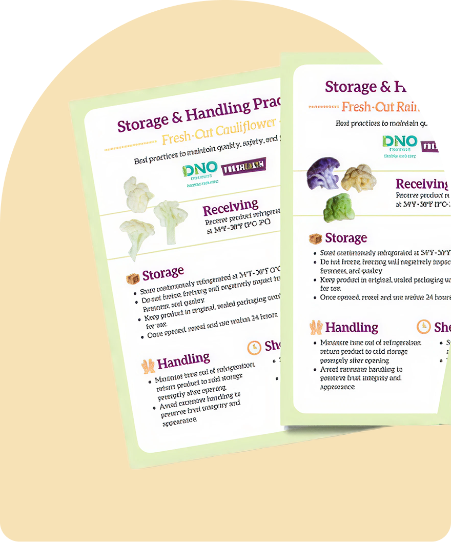 Two printed pages with green borders and purple, orange, and black text, sharing guidelines for storing and handling fresh-cut cauliflower, including receiving, storage, handling, and shipping, with images of cauliflower florets.
