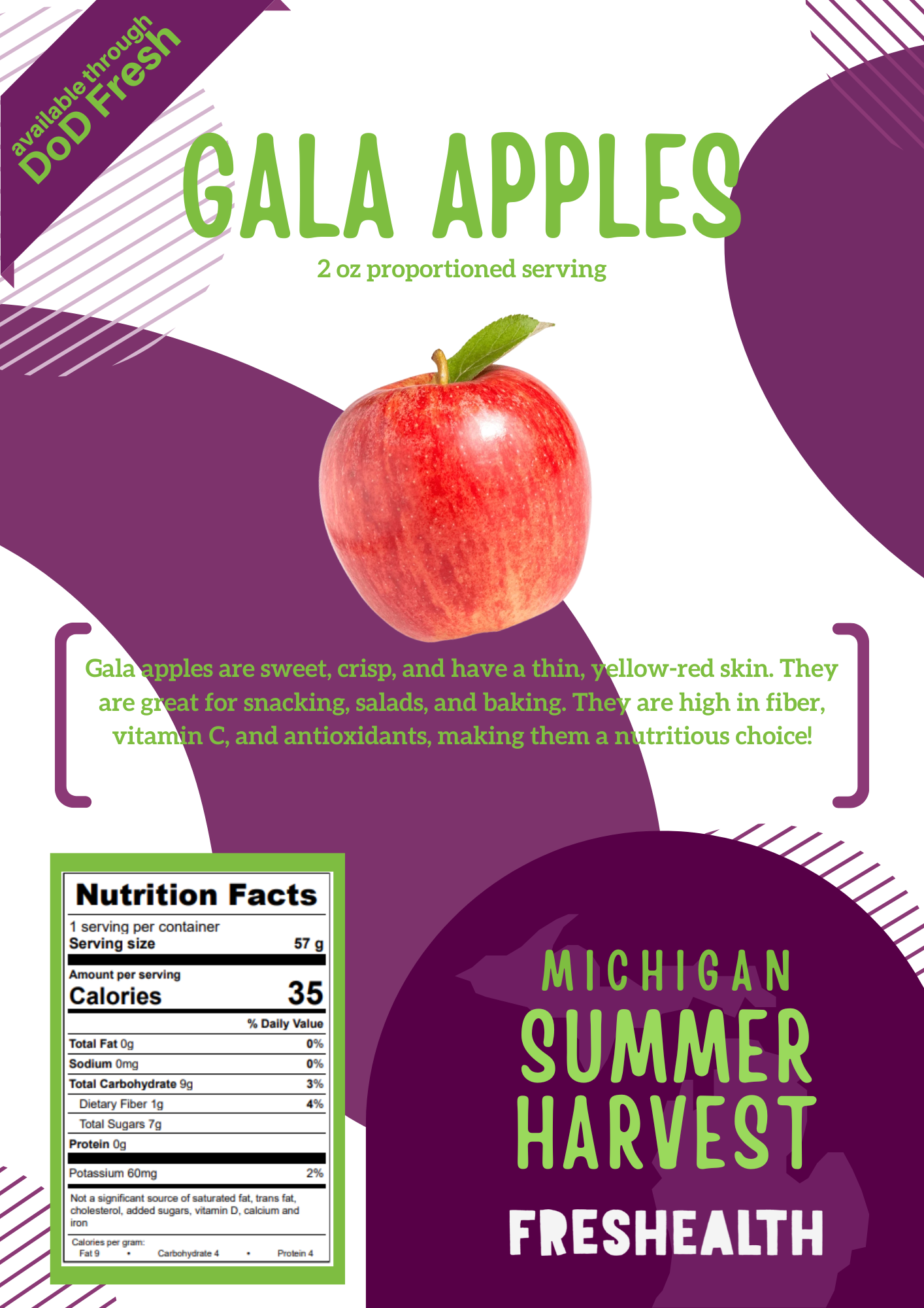Package of Gala Apples with a red apple and green leaf, purple and white background, nutritional facts, and text about the apples being sweet, crisp, and healthy, available through DOD Fresh.