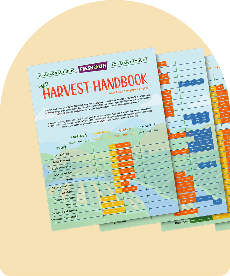 Pages of a harvest handbook with colorful data tables and charts, titled 'Harvest Handbook' in red text, with a section labeled 'Fruit' listing various fruits and their measurements.