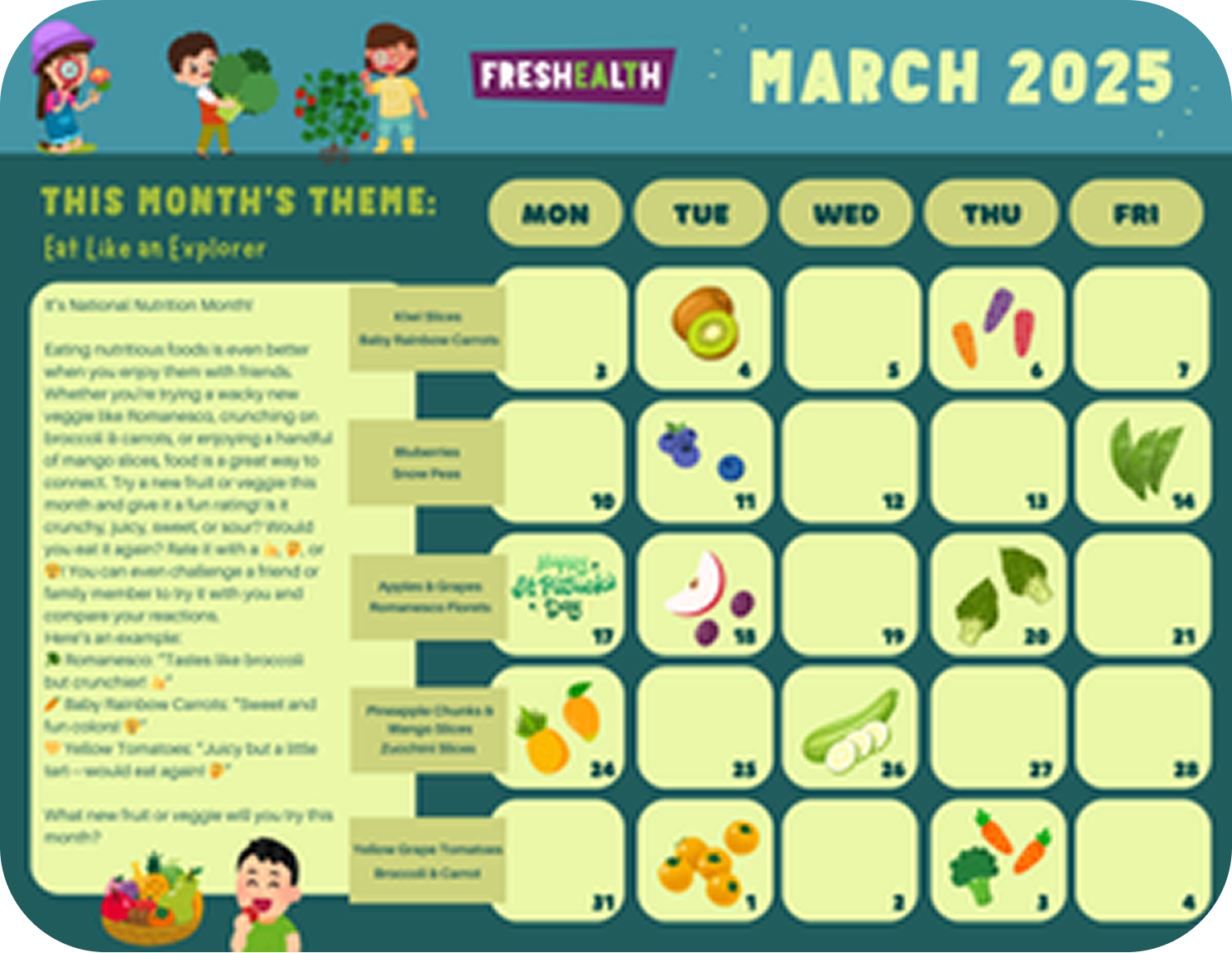 Monthly nutrition calendar for March 2025 with themes to eat like an explorer, featuring various fruits and vegetables such as kiwi, blueberries, green beans, and carrots, along with the days of the week.