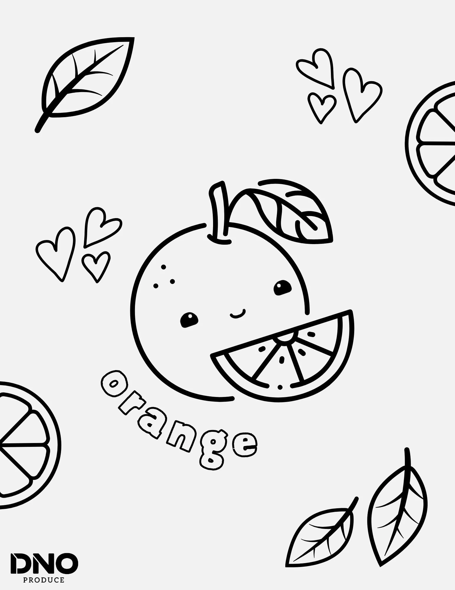Black and white line drawing of various citrus fruits, leaves, and hearts with the words 'Orange' and 'DNO Produce'.