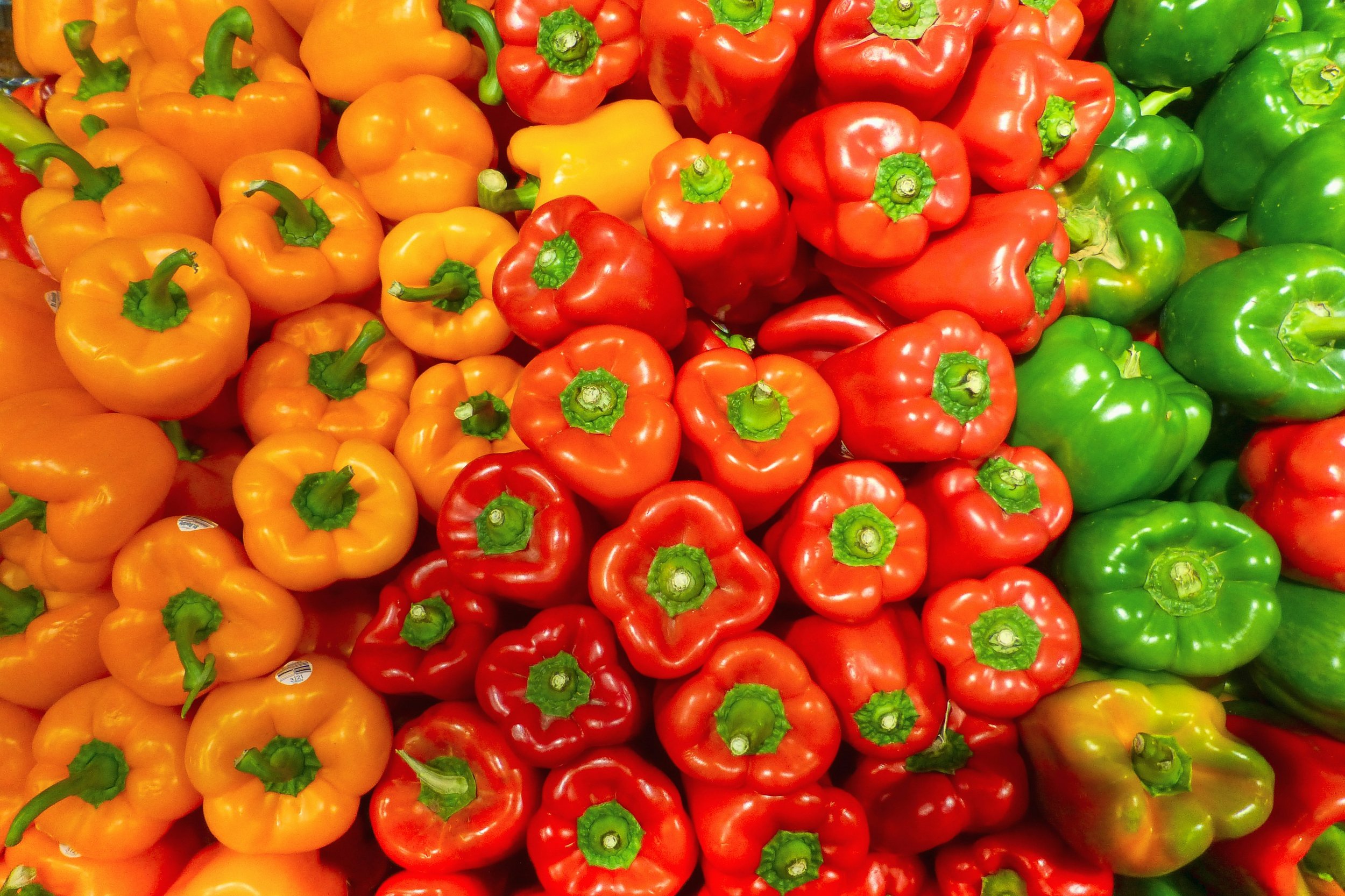 A display of multicolored bell peppers in yellow, red, and green, arranged closely together.