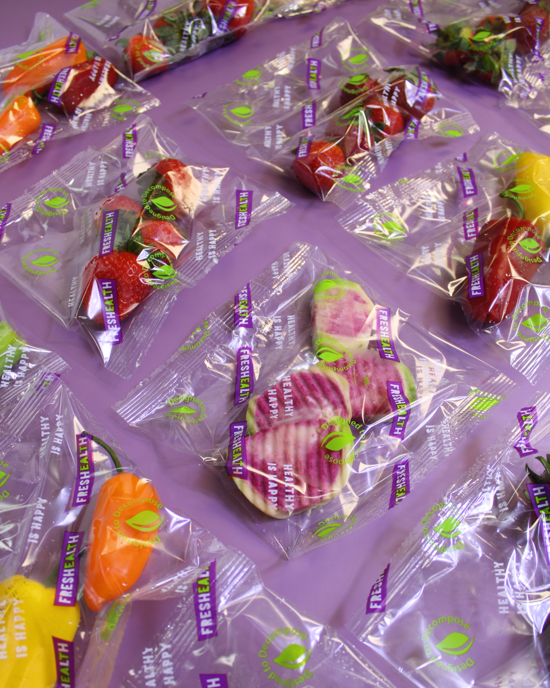 Assorted fruits, including strawberries, oranges, and bananas, individually packaged in clear plastic bags with green and purple labeling on a purple surface.