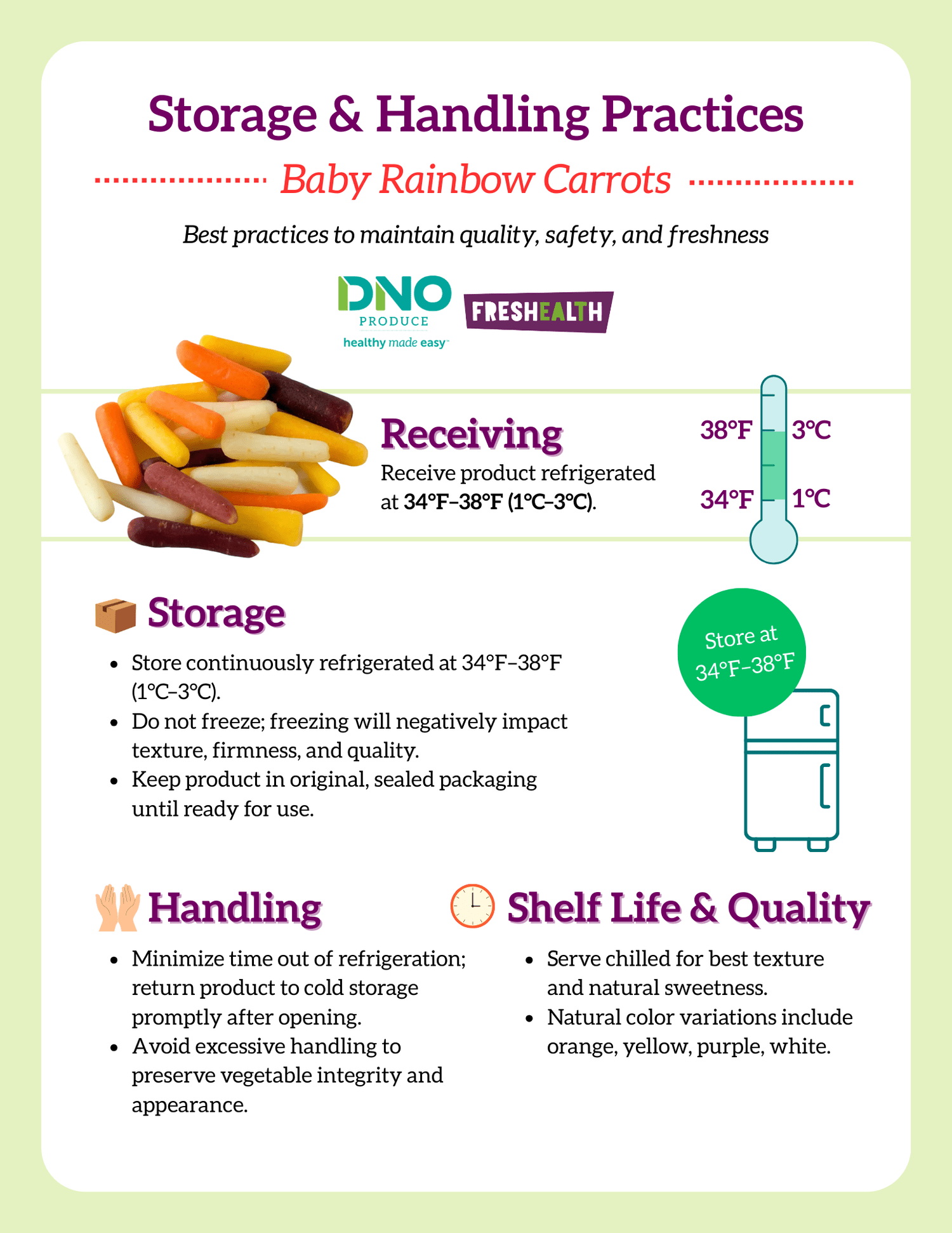 Guide on storage and handling practices for baby rainbow carrots, including refrigeration at 34°F-38°F, minimizing refrigeration time, serving chilled for best texture, and natural color variations.