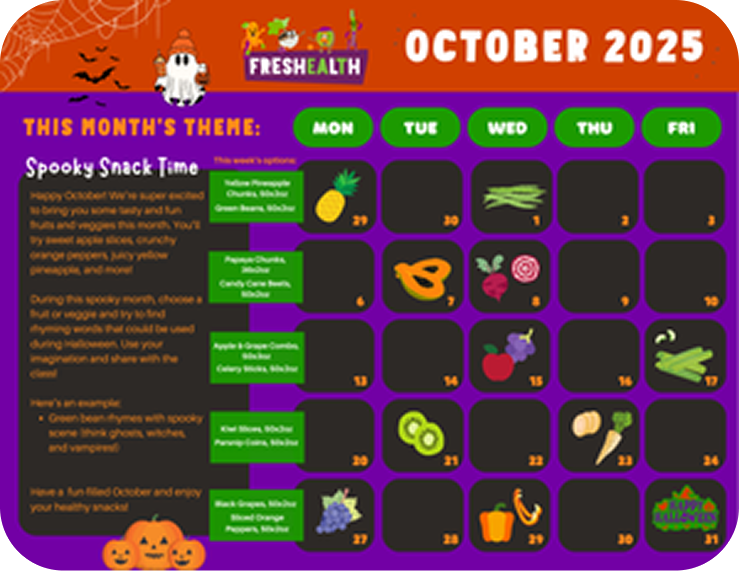 October 2025 Halloween-themed calendar with kid-friendly snack ideas for each day, featuring images of fruits and vegetables like pineapple, carrot, grapes, and pumpkin.