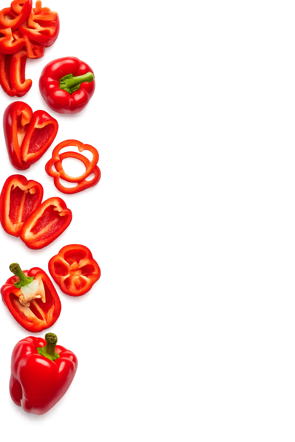 Red bell peppers sliced and whole on a red background.