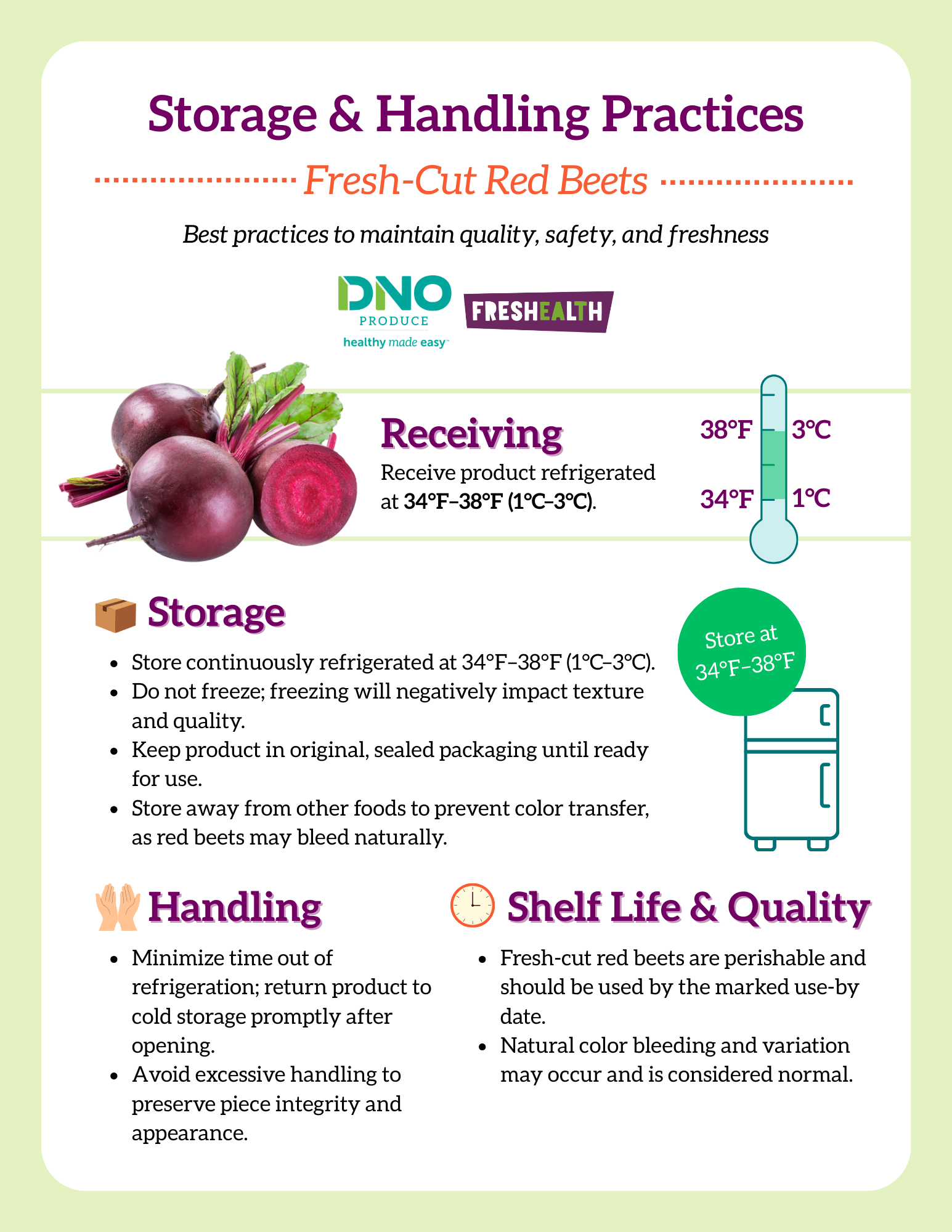 Guide for storing and handling fresh-cut red beets, including handling, storage, and shelf life tips.
