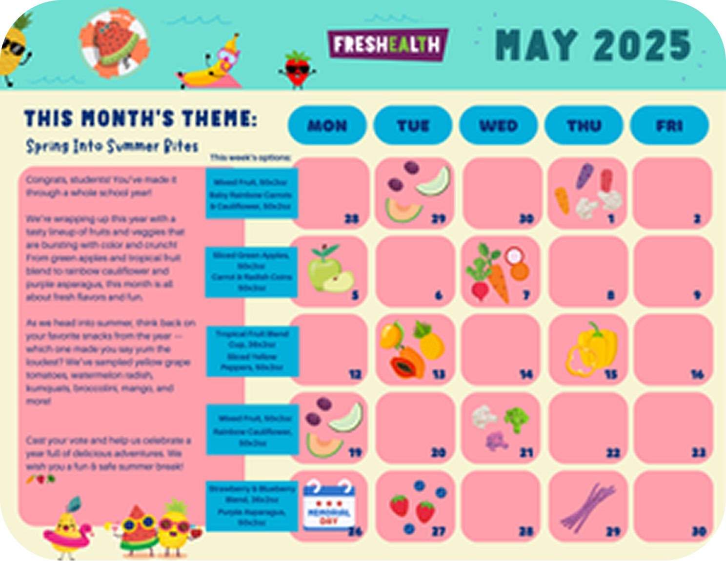 Monthly calendar for May 2025 with a theme of spring into summer bites, featuring colorful icons of fruits and vegetables and playful graphic illustrations.