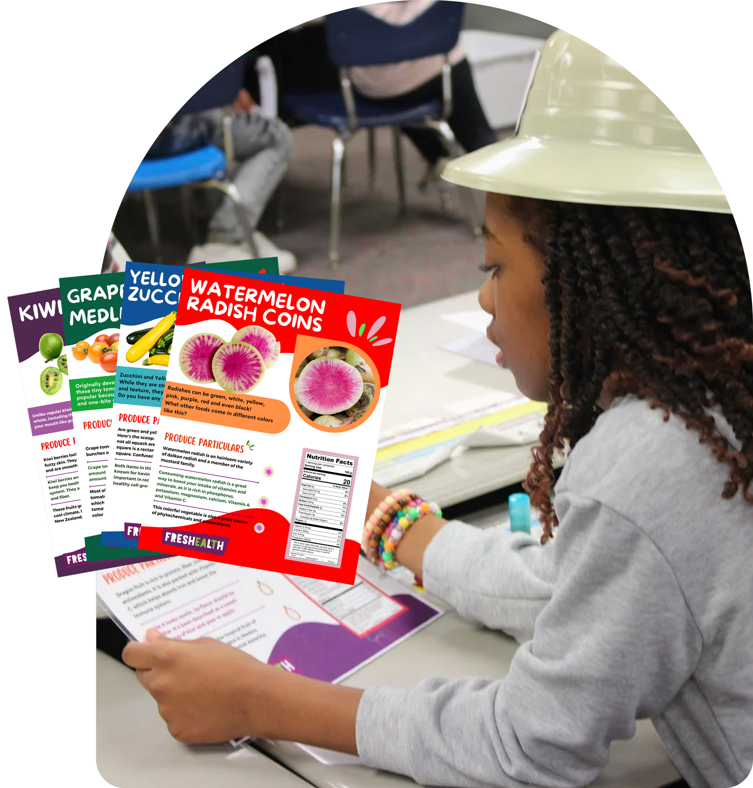 A person with curly hair wearing a wide-brimmed hat, holding a colorful educational pamphlet about fruits and vegetables, with questions about produce, in a classroom or educational setting.