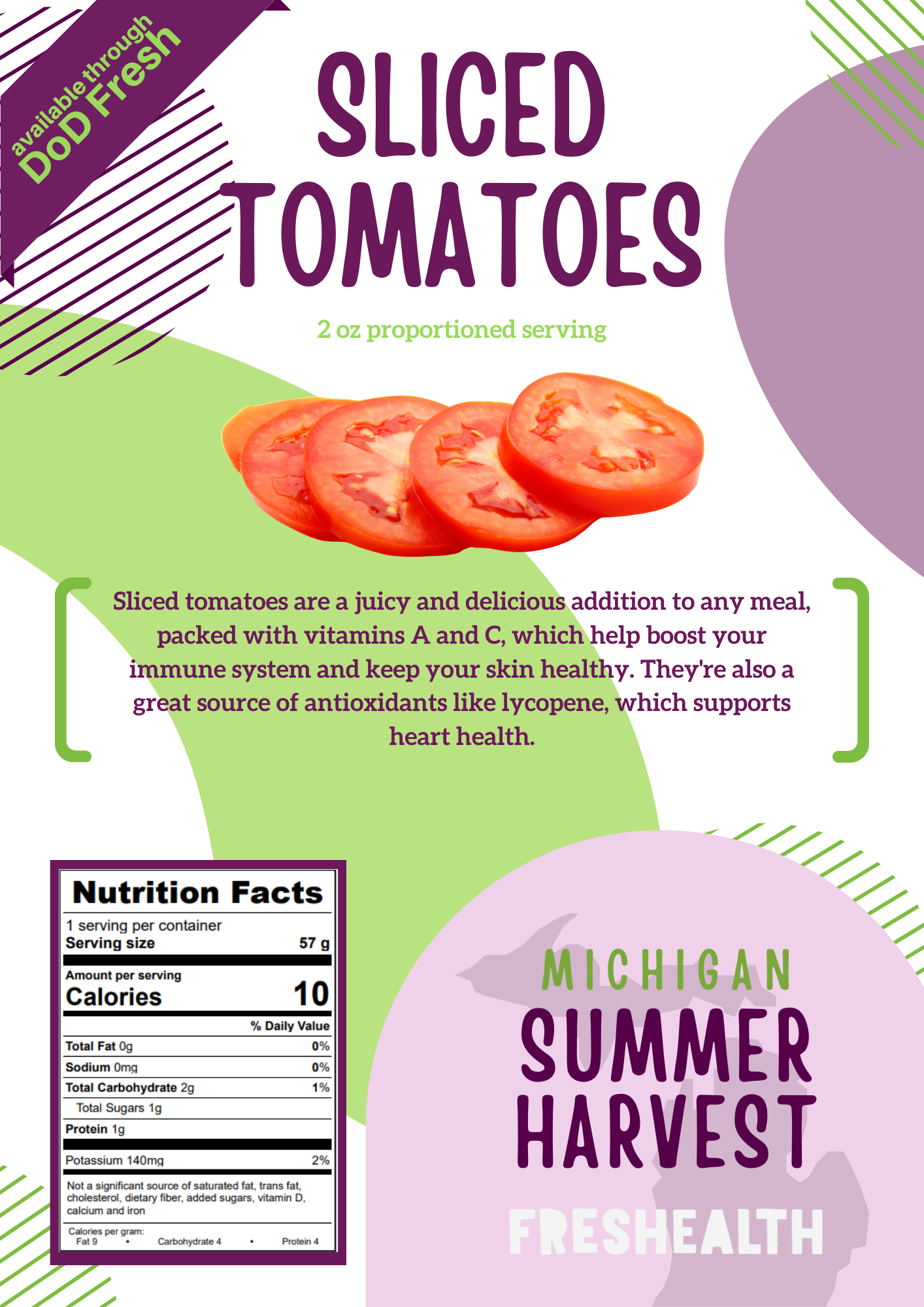 Package of sliced tomatoes with text indicating they are a juicy addition to meals, packed with vitamins A and C, antioxidants, and support for heart health.