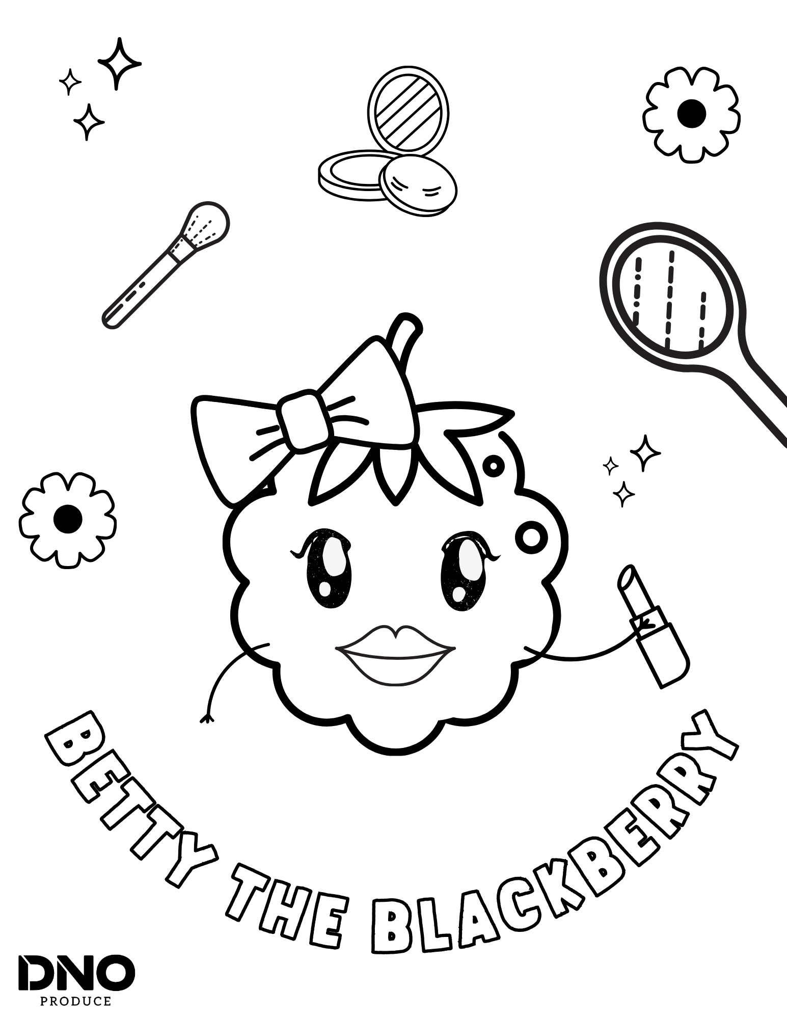 Black and white coloring page featuring a cute smiling dinosaur with big eyes, a bow on its head, and surrounded by makeup items like lipstick, blush, a mirror, perfume, and glittery stars. The text 'Betty the Black Ringer' and 'DNO Produce' are also