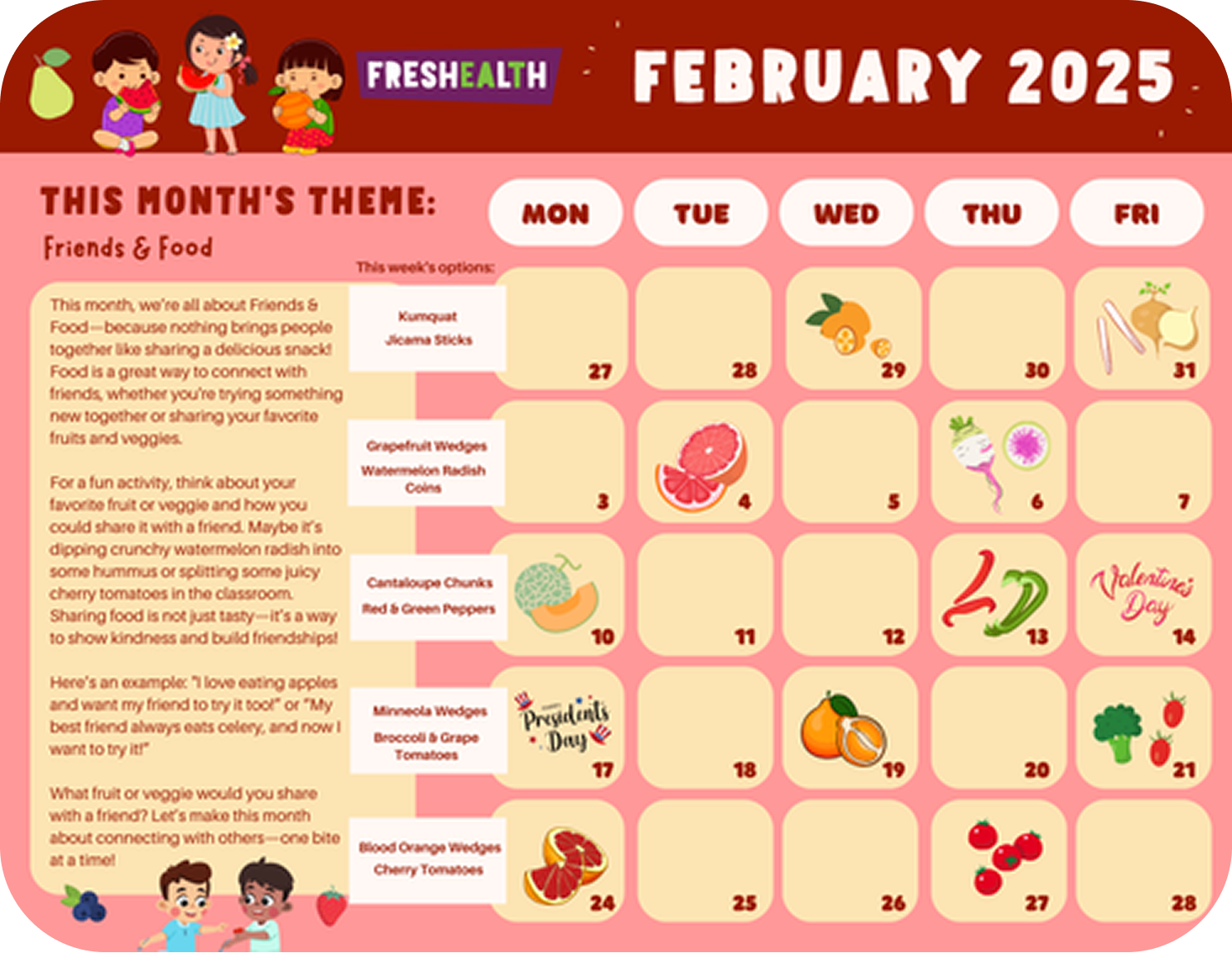 February 2025 calendar with a theme of Friends & Food, featuring illustrations of children and various fruits and vegetables for each day.